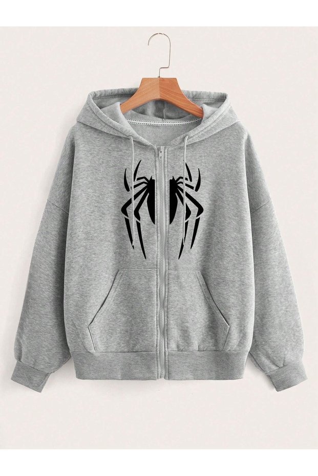 Spider Leg Sweatshirt Zippered Cardigan - Gray Printed Oversize Pocket Winter Hoodie