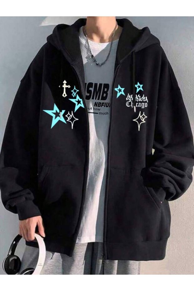 Chicago Star Sembol Sweatshirt Zippered Cardigan - Black Printed Oversize Pocket Winter Hoodie