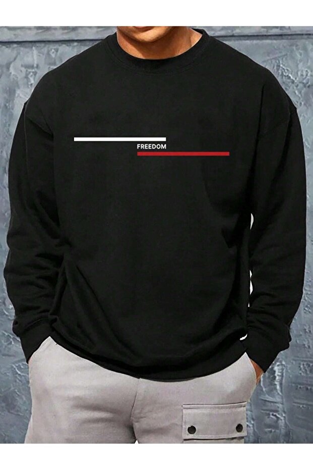 Freedom Line Sweatshirt - Black Printed Oversize Thick Crew Neck