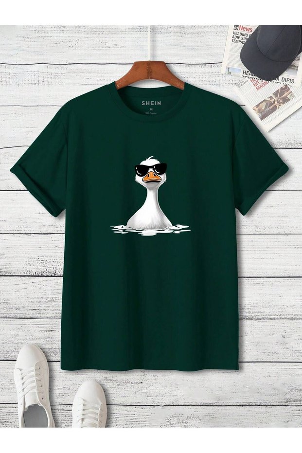 Glasses Duck T-Shirt - Green Printed Oversize Short Sleeve Crew Neck
