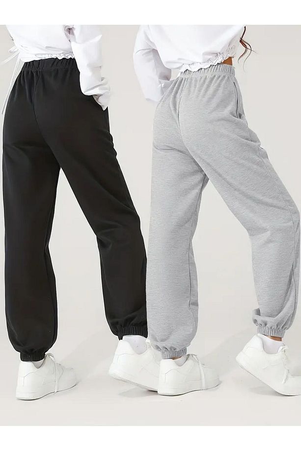 2'li Düz Basic Eşofman Altı Jogger - Siyah Gri Lastik Paça Yüksek Bel Yazlık - 2