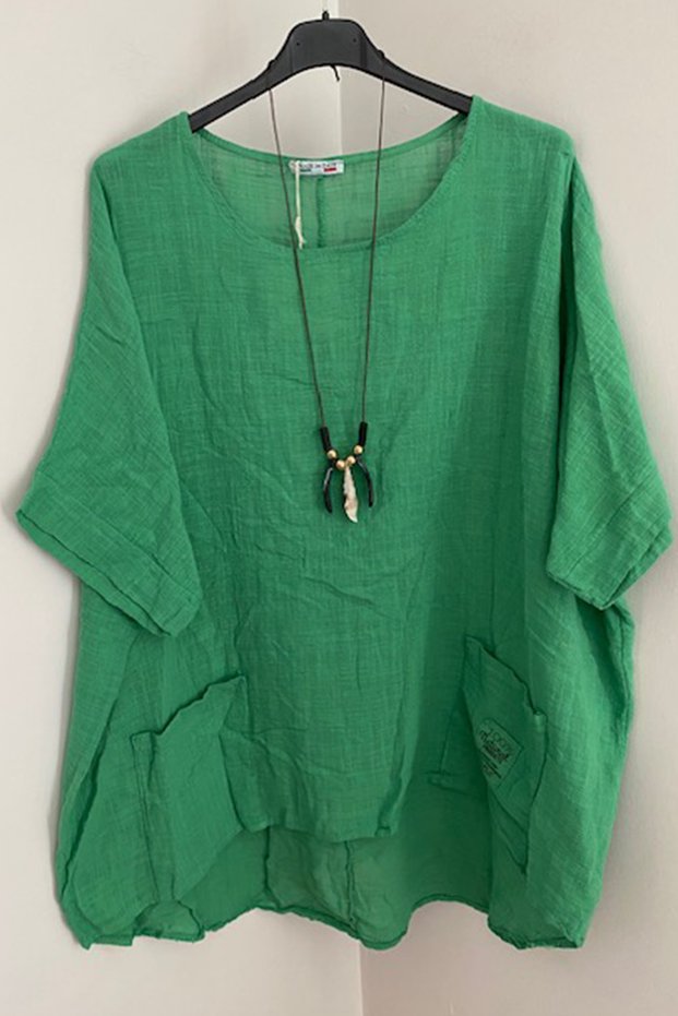 Women's Green Italian Necklace Accessory Bag Pocket Short Sleeve Oversize Loose Blouse