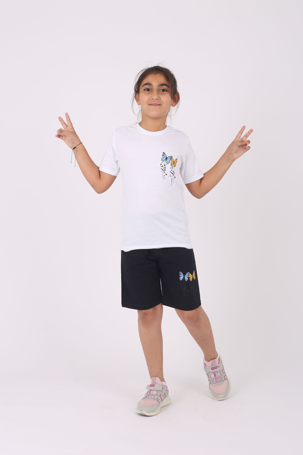 Butterfly Printed Crew Neck 100% Cotton Girls' Top and Bottom Set