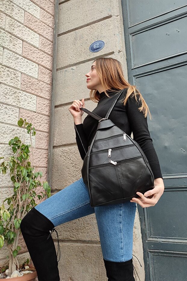 Black Genuine Leather Monkey Model Backpack - 2