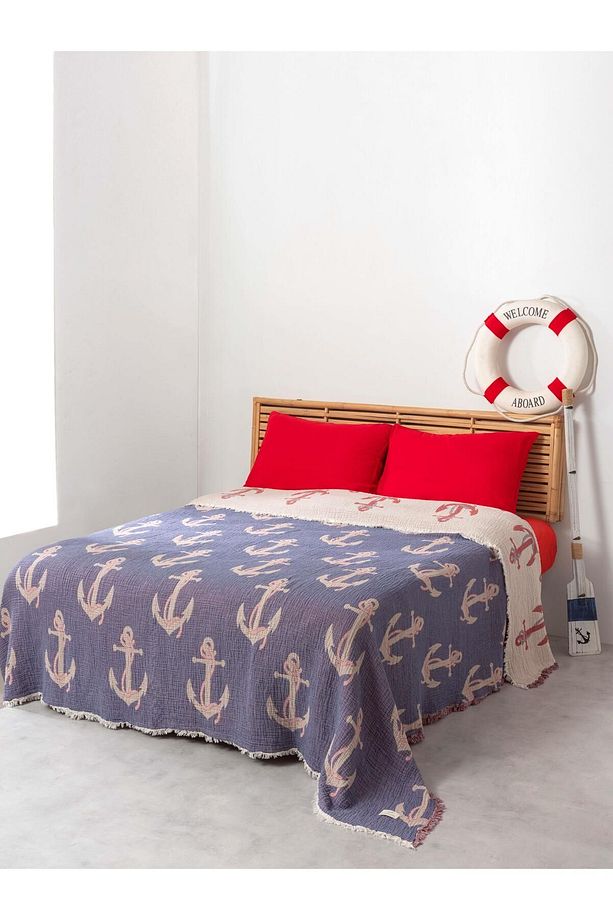 Mylasahome Müslin 4 Katlı Çapa Desenli (JAKARLI) Yatak Örtüsü Çift Kişilik 220x240cm - 1