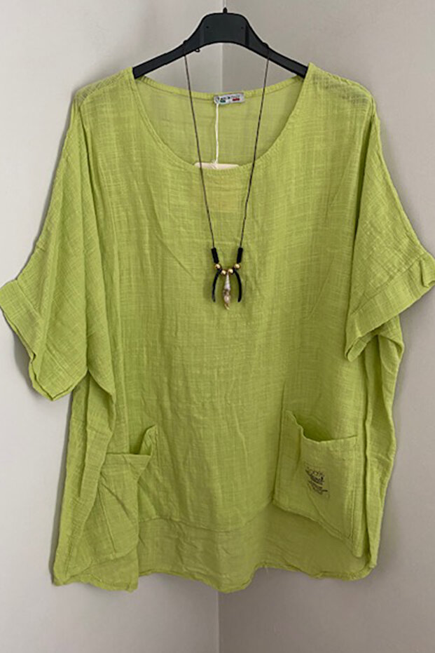 Women's Italian Greenish Yellow Necklace Accessory, Patch Pocketed, Short Sleeved, Oversized Loose Blouse
