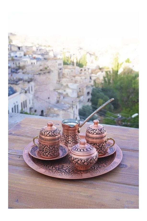 Bakır Kahve Seti Oyma Nakış Işleme Mat Bakır Renk - 1