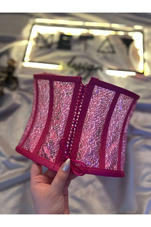 Fuşya Pullu Payetli Korse Büstiyer Model-S - 2