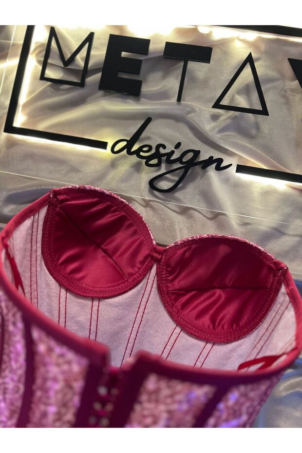 Fuşya Pullu Payetli Korse Büstiyer Model-S - 6