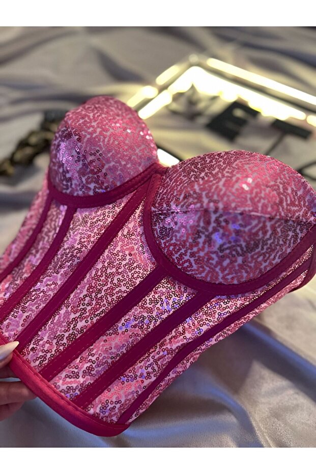 Fuşya Pullu Payetli Korse Büstiyer Model-S - 5