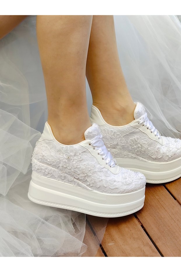 Wedge Heel Bridal Shoes 9cm White with Appliques Very Comfortable