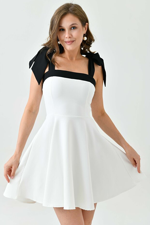 Atlas Fabric Strapless Neckline Thick Strap Tie-Up Flared Cut White Evening Dress 245