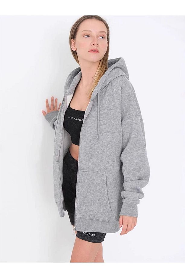 Kapüşonlu Çeket Hırka Unisex Oversize Basic 3 Iplik Şardonlu - 1