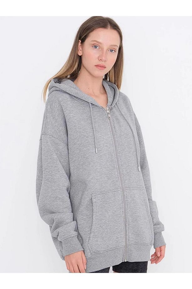 Kapüşonlu Çeket Hırka Unisex Oversize Basic 3 Iplik Şardonlu - 2