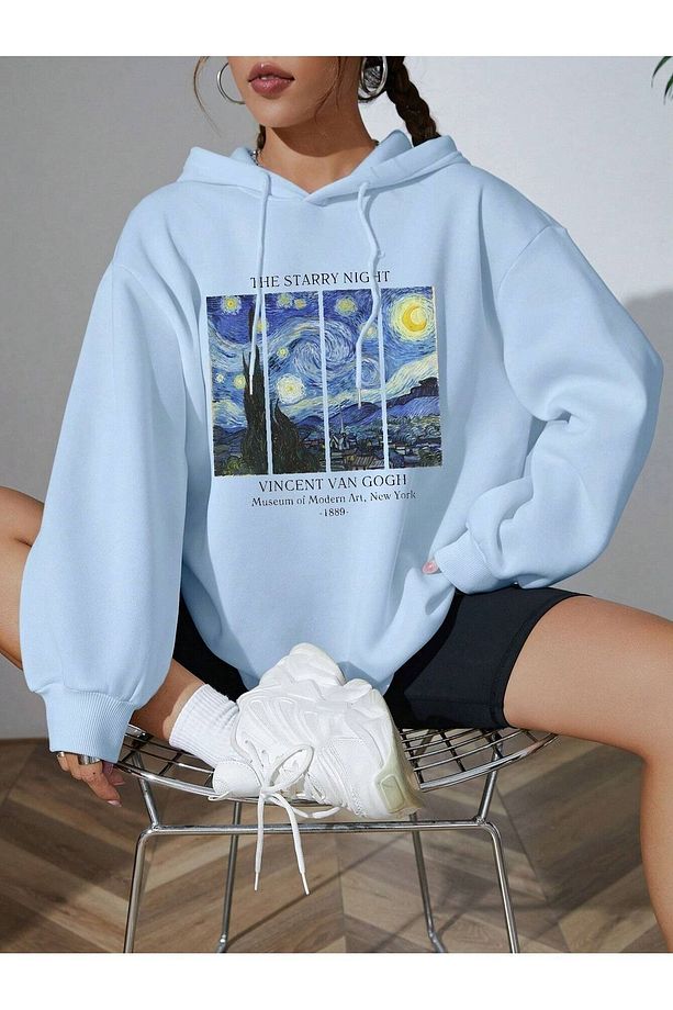 Yıldızlı Gece Kalın Kışlık Sweatshirt - Bebe Mavisi Baskılı Oversize Şardonlu Kapüşonlu - 3