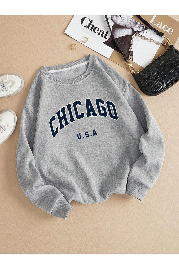 Chicago U.S.A Kalın Kışlık Sweatshirt - Gri Baskılı Oversize Şardonlu Bisiklet Yaka - 1