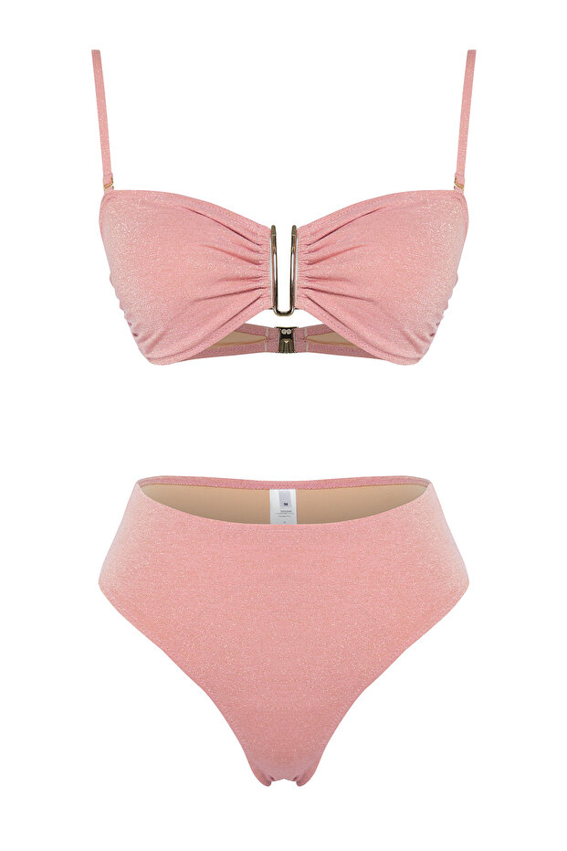 Pembe Simli Aksesuarlı Straplez Kaplı Regular Yüksek Bel Bikini Takımı TBESS24BT00054 - 6