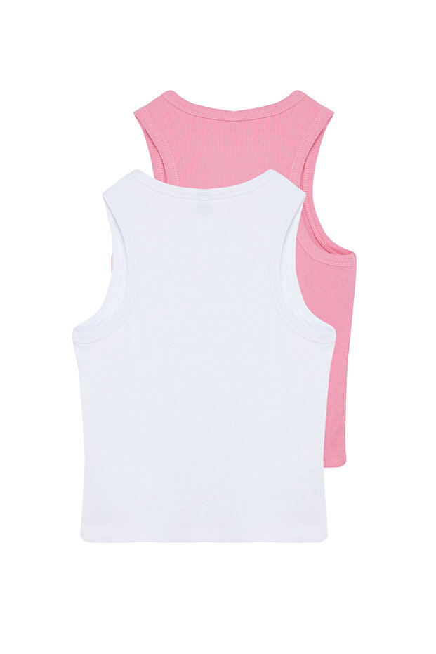 Pembe-Beyaz 2'li Paket Vücuda Oturan Crop Halter Yaka Fitilli Esnek Örme Atlet TWOSS21AL0058 - 8