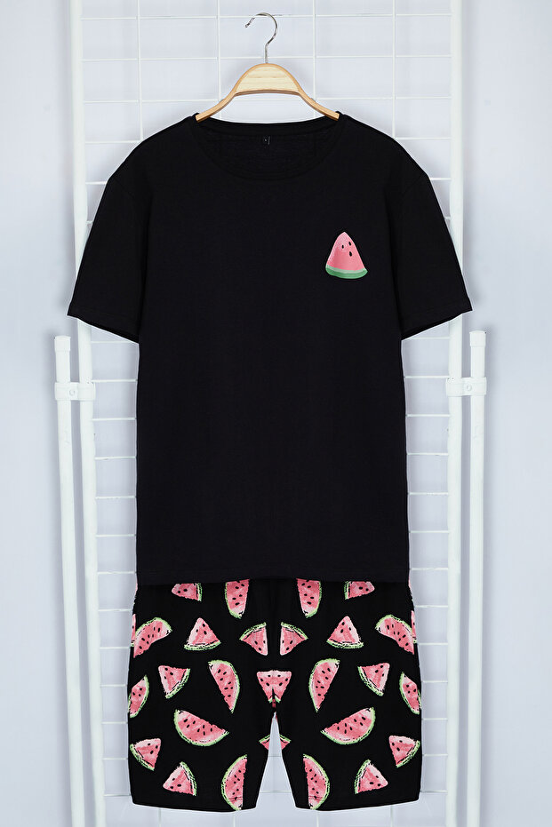 Siyah Couple/Çift Regular Fit Karpuz Desenli %100 Pamuklu Şortlu Erkek Pijama Takımı TMNSS24PT00050 - 6