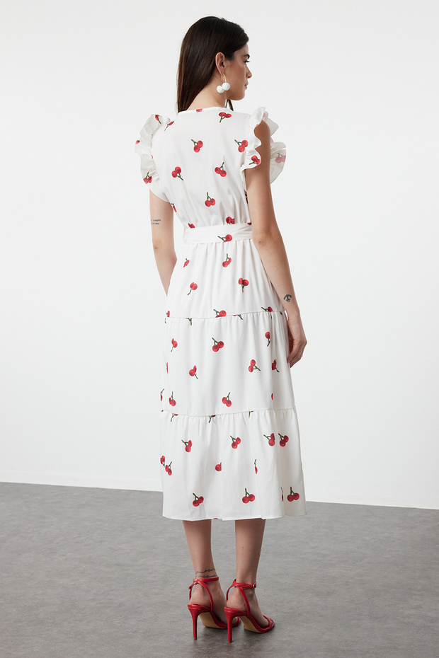 Çok Renkli Çiçekli Kirazlı Kuşaklı A Kesim Kruvaze Yaka Astarlı Dokuma Elbise TWOSS24EL00914 - 5