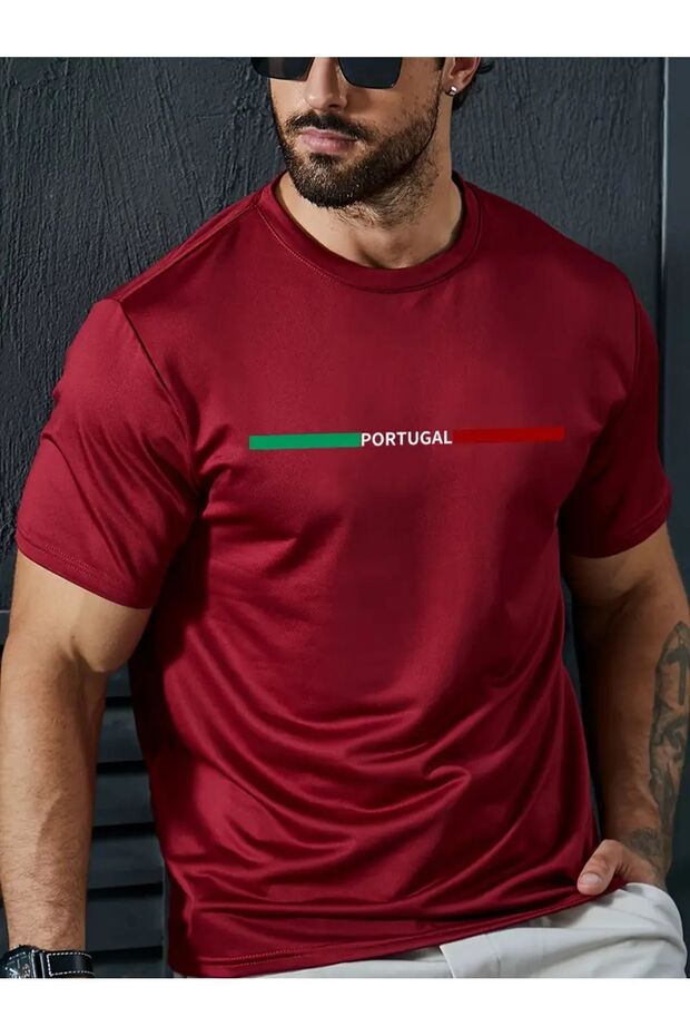 Portugal Striped T-Shirt - Red Printed Oversized Summer Short Sleeve T-Shirt Crew Neck
