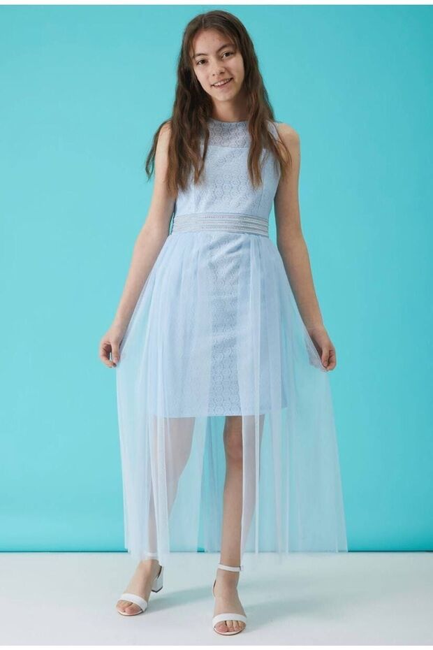 Girl's Laced Evening Dress with Short Inside and Long Back with Tulle Tail