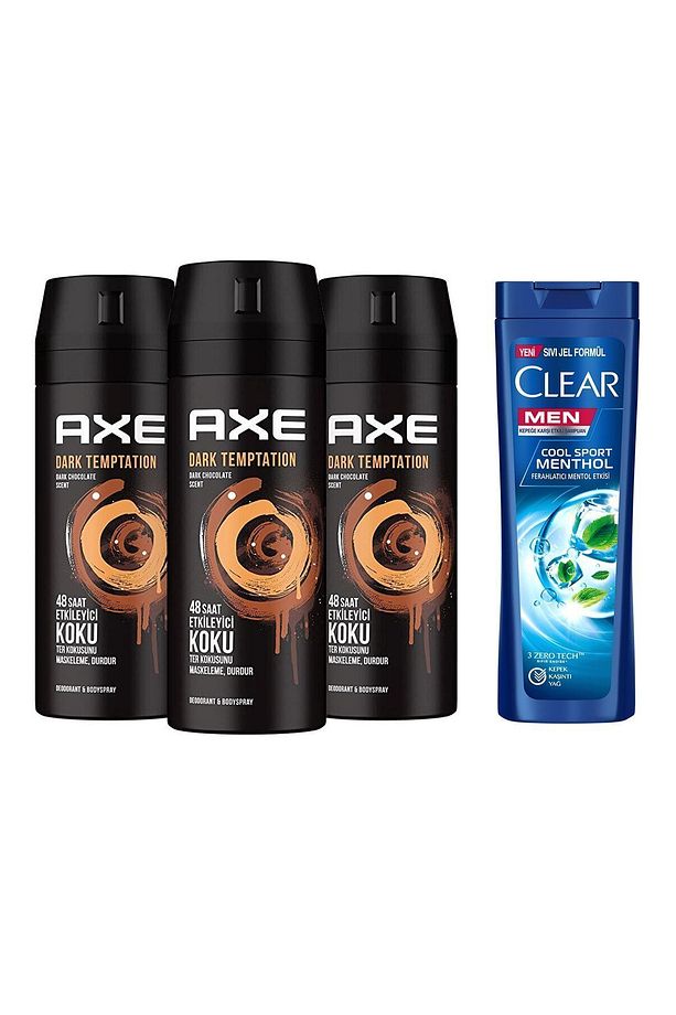 Erkek Sprey Deodorant Dark Temptation 48 Saat Etkileyici Koku 150 ml X 3 + Clear Şampuan 180 ml - 2