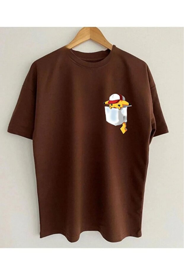 Unisex Pocket Design Pikachu Printed Oversize T-Shirt