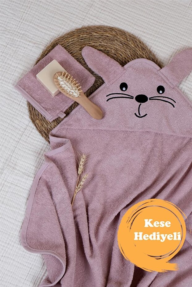 Kids 100% Cotton Rabbit Pattern Embroidered and Pouch Gift Baby Towel Swaddle *Pink