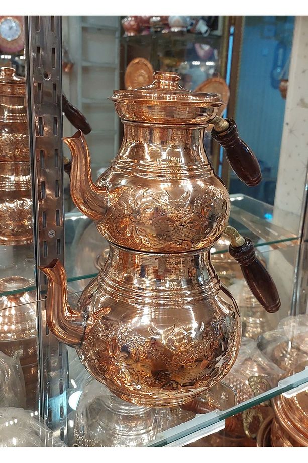 Bakır Çaydanlık El Işlemesi Çiçek Desenli Bakır Çaydanlık Büyük Aile Boy Bakır Demlik - 4