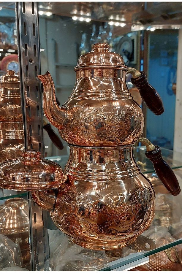 Bakır Çaydanlık El Işlemesi Çiçek Desenli Bakır Çaydanlık Büyük Aile Boy Bakır Demlik - 1