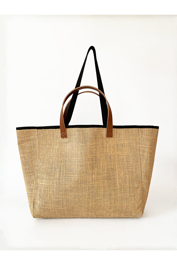 Women's Orange Waterproof Lined Jute Straw Large Size Beach and Shopping Shopper Tote Shoulder Bag