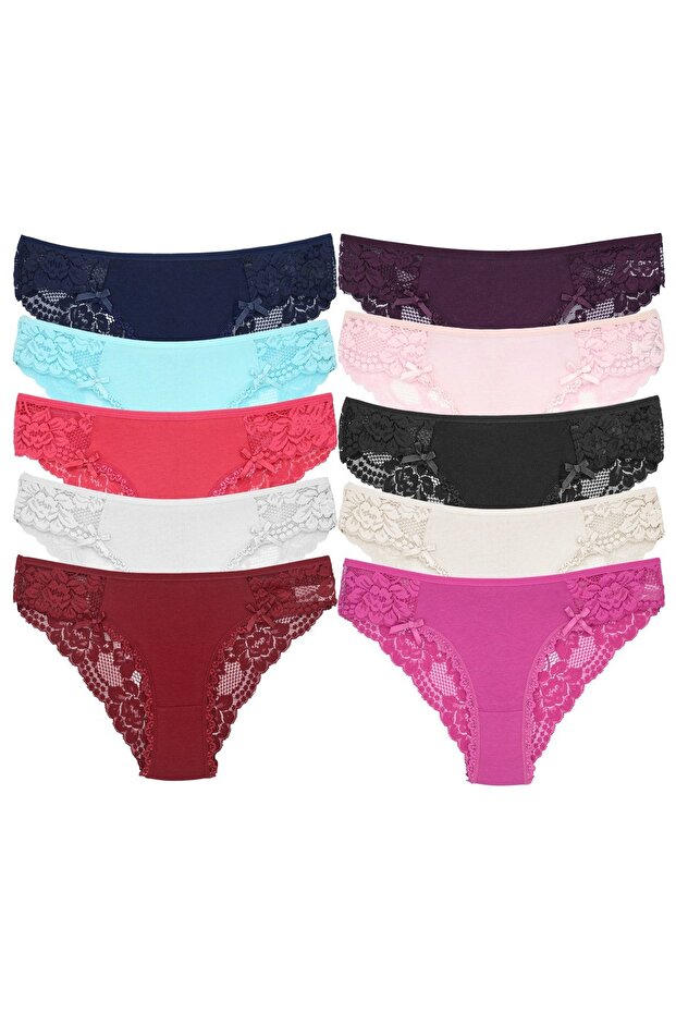 10-Piece Cotton Sides And Back Lace Briefs Women's Panties