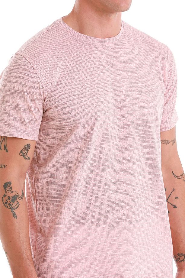 Pembe Regular Fit Jakarlı Bisiklet Yaka Keten Tişört - 4