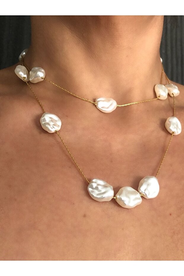 مجموعة قلادة سلسلة مكونة من قطعتين موديل لؤلؤ أكريليك - 1