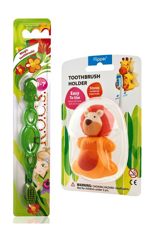Kids 3-7 Yaş Diş Yeşil Fırçası Ve Flipper Hijyenik Saklama Kabı Seti – Aslan Figürlü - 1