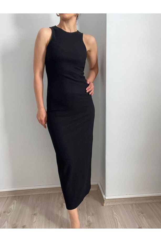 Bisiklet Yaka Yırtmaç Detaylı Vücuda oturan Kolsuz Yazlık Elbise-L - Siyah - 2