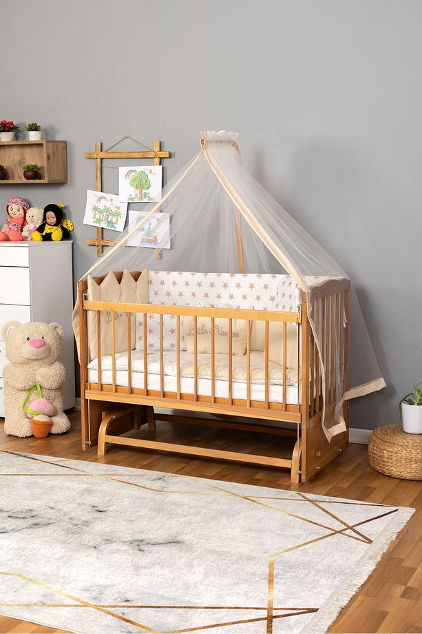 Ahşap Beşik Anne Yanı Beşik Doğal (VERNİKLİ) 60x120 - Krem Prenses (KIZ) Uyku Seti Yatak - 3