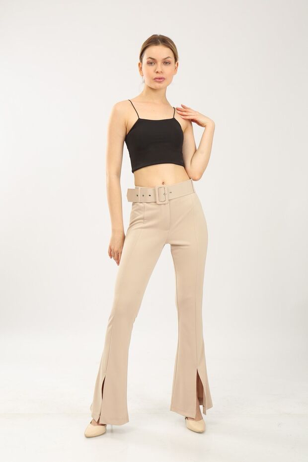 Ecru Belted Slit Trousers - 1