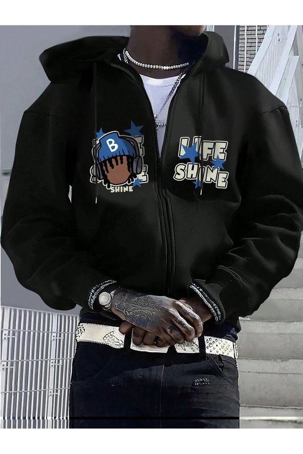 Life Shine Sweatshirt Zippered Cardigan - Black Printed Oversize Pocket Winter Hoodie