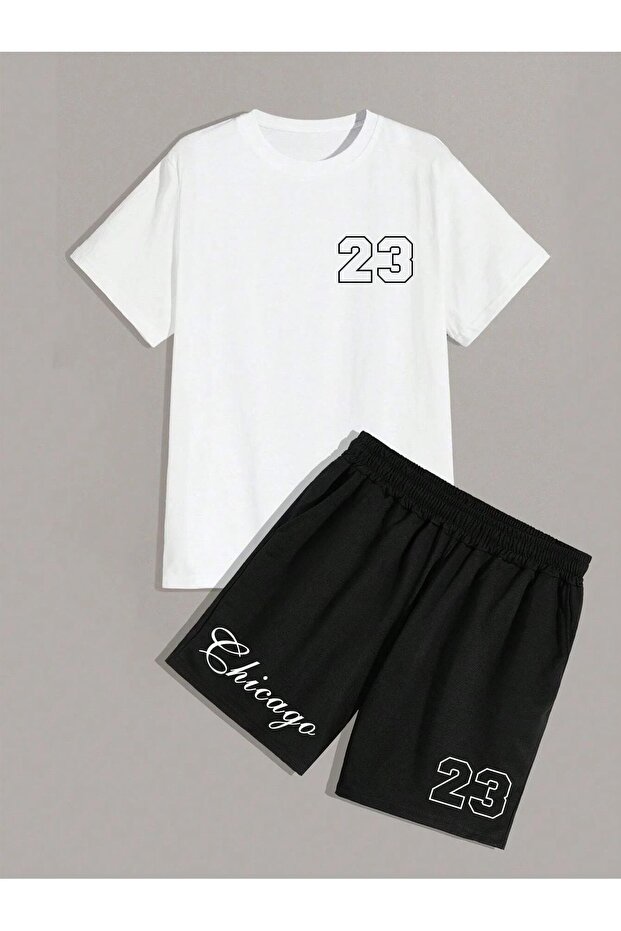 23 Chicago T-Shirt Shorts - White Black Bottom Top Team Shorts T-Shirt Combo Printed Crew Neck