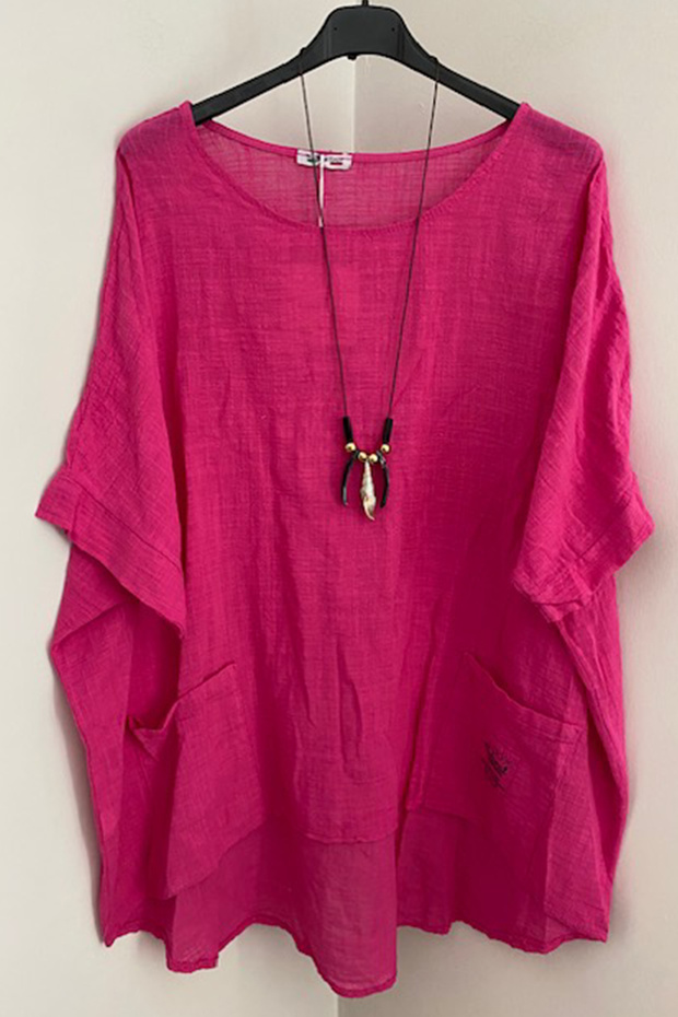 Fuchsia Women's Blouse - Italian Necklace, Bag Pocket, Short Sleeve, Oversize Loose