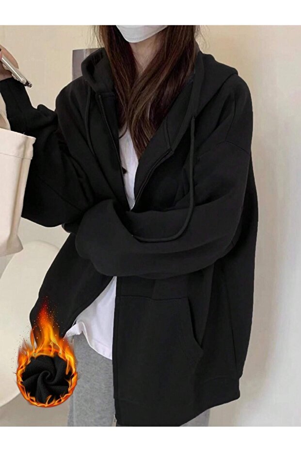 Basic Sweatshirt Zippered Cardigan - Black Unprinted Oversize Winter Hoodie with Pockets