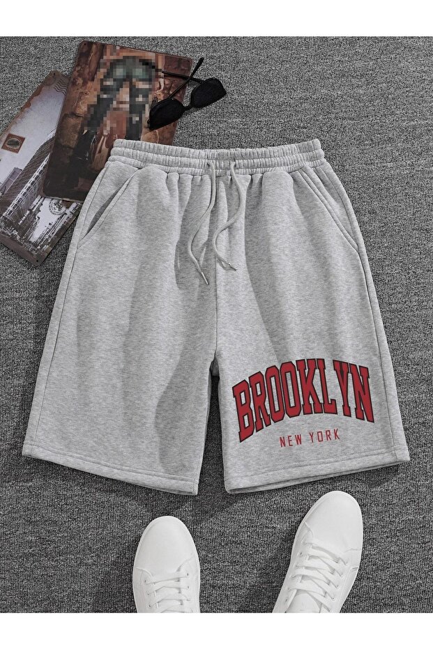Brooklyn New York Combed Cotton Shorts - Gray Printed Pocket Summer