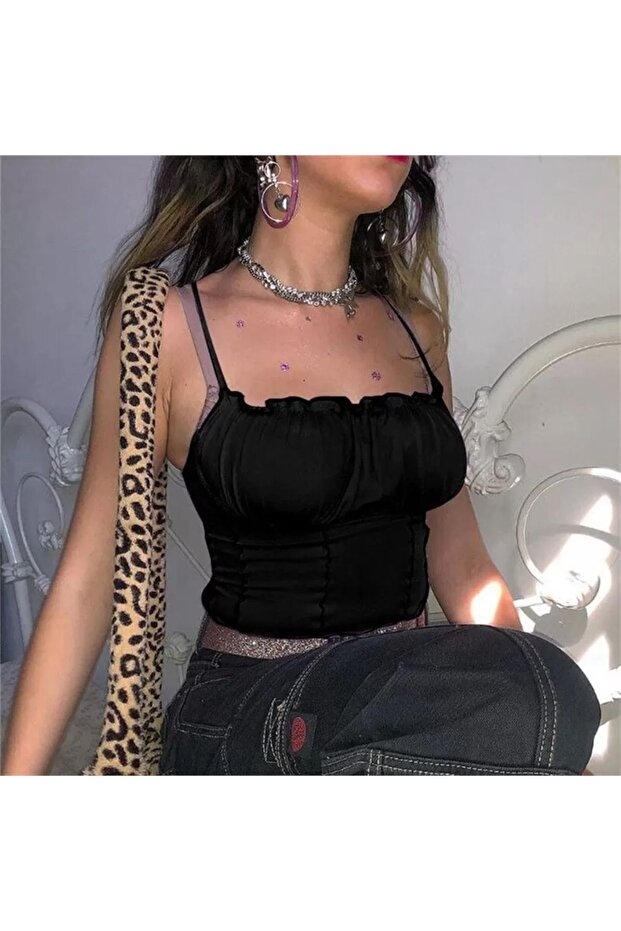 Black Drawstring Collar Basic Strap Women's Half T-shirt