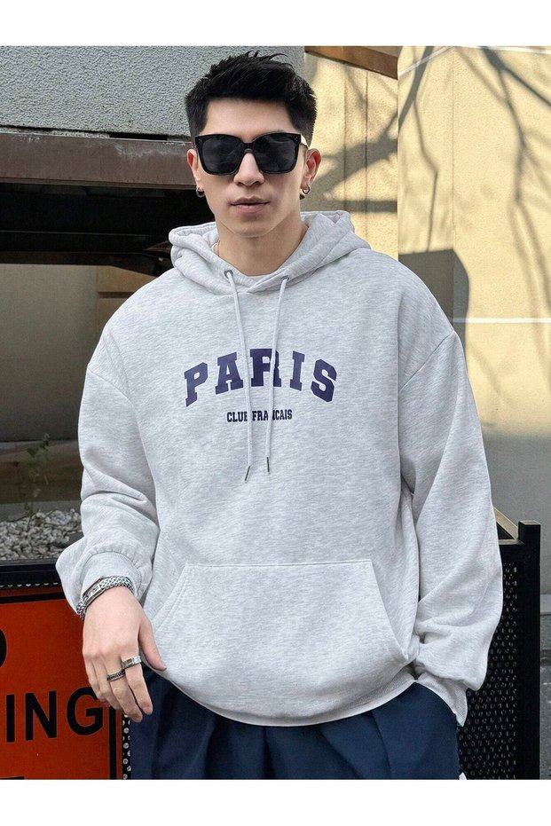 Paris Club Francais Sweatshirt - Gray Printed Oversize Thick Hoodie