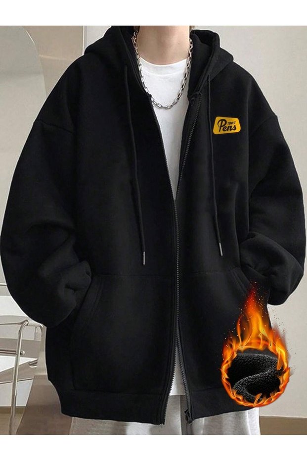 Pens 1967 Sweatshirt Zippered Cardigan - Black Printed Oversize Pocket Winter Hoodie