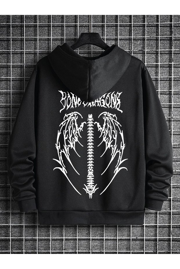 Wing Design Sweatshirt Sweatshirt - Black Printed Oversize Thick Hoodie