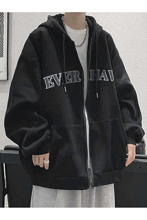 Ever Have Sweatshirt Zippered Cardigan Black Printed Oversize Pocket Winter Hoodie