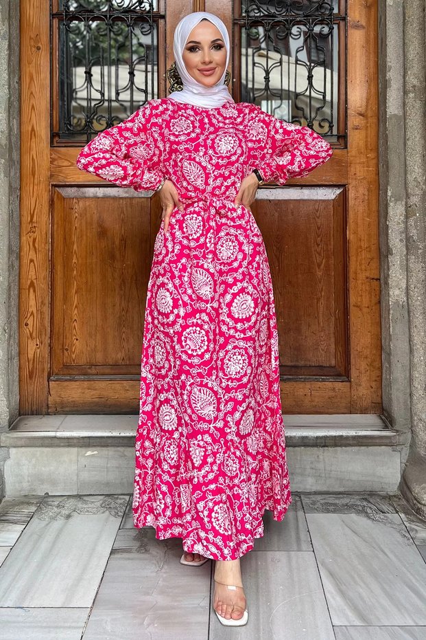 Fuchsia Viscose Hijab Dress - Waist Belt and Ruffle Detail